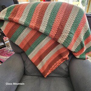 Handmade Crochet Afghan Green Pink Grey Burgundy Striped 78x118 Inch Blanket